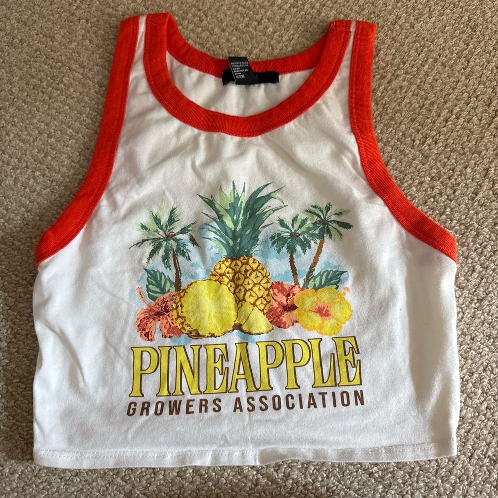 Forever 21 White and Orange Crop Top with Tropical Design